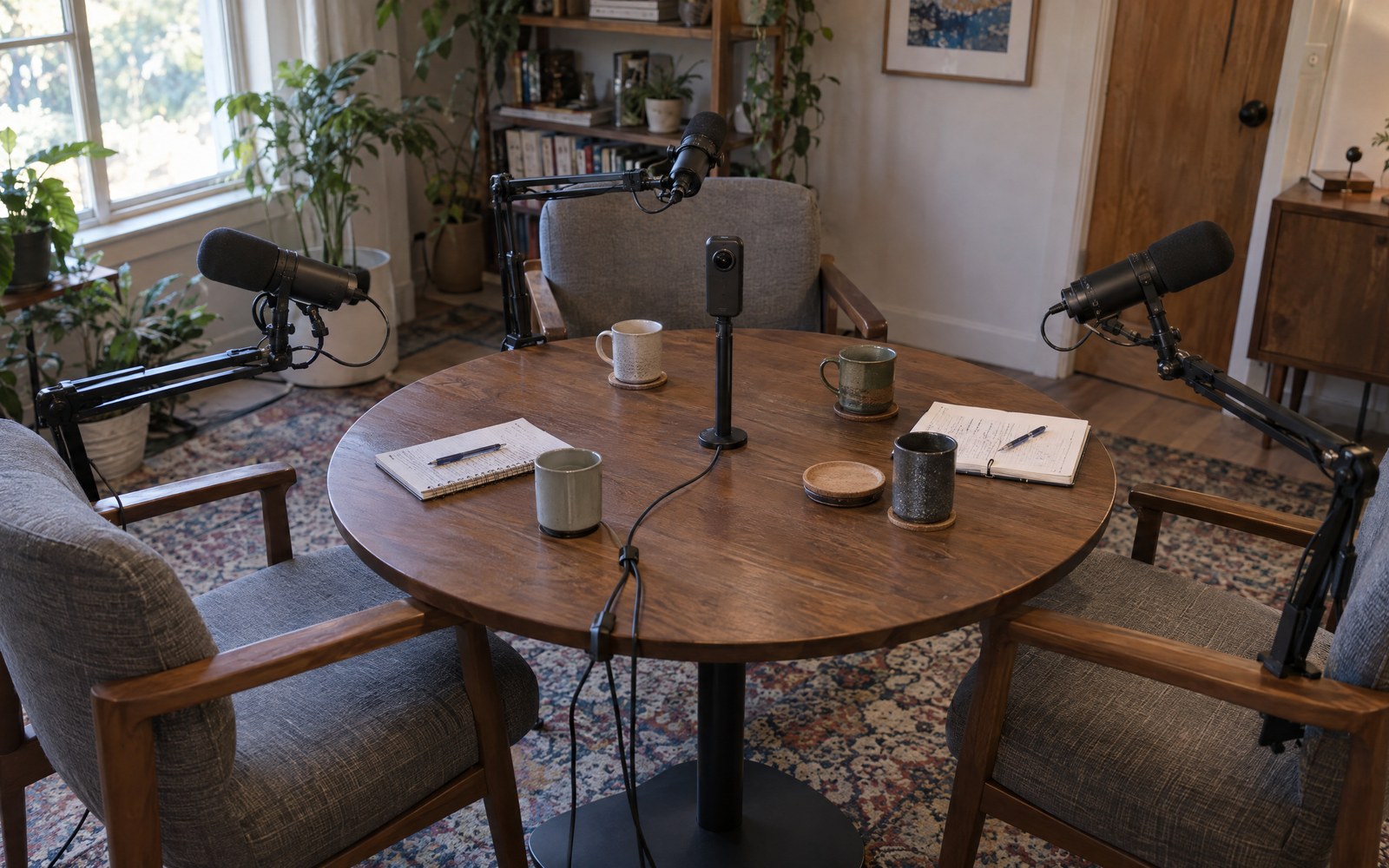 An empty podcast table ready to record, the 360° camera in the centre at eye height.
