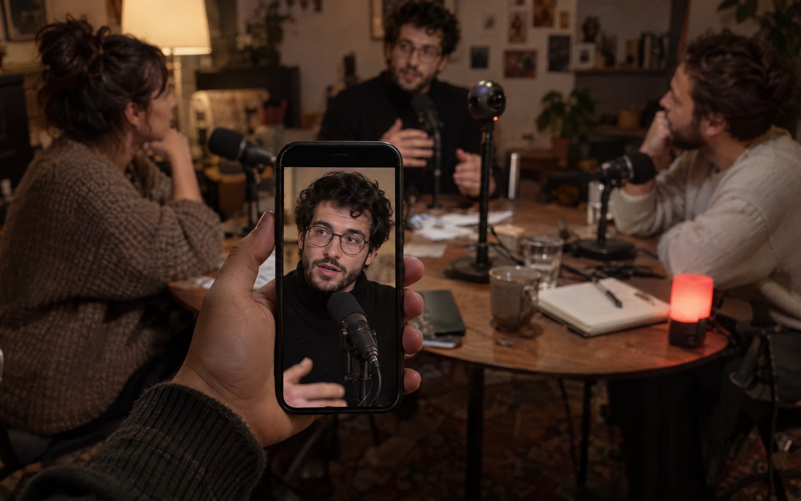 A phone showing a vertical clip of a podcast host.