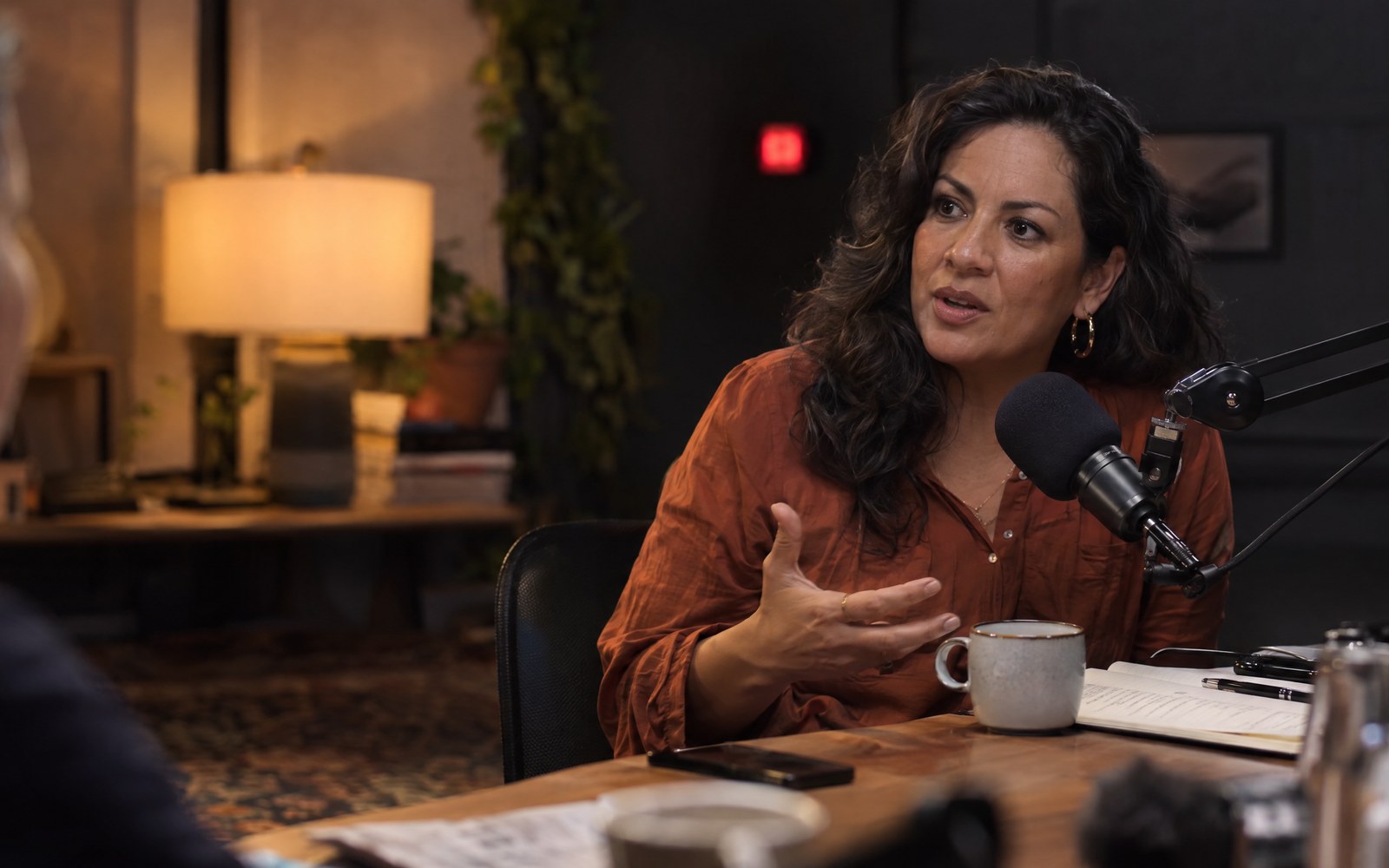 Close-up of a podcast host mid-sentence.
