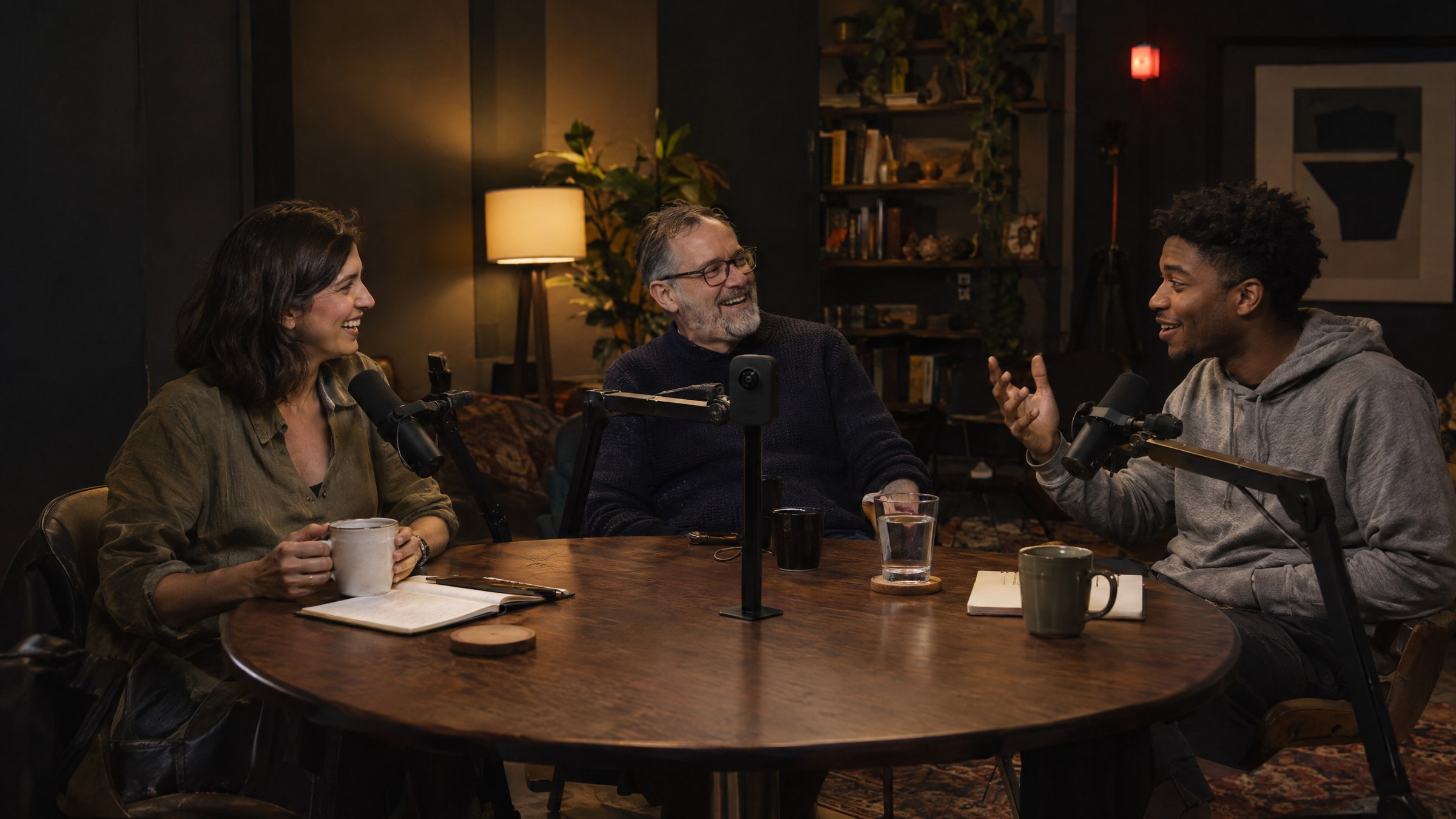 Three people laughing around a podcast table, a small 360° camera on a pole in the middle of the table.