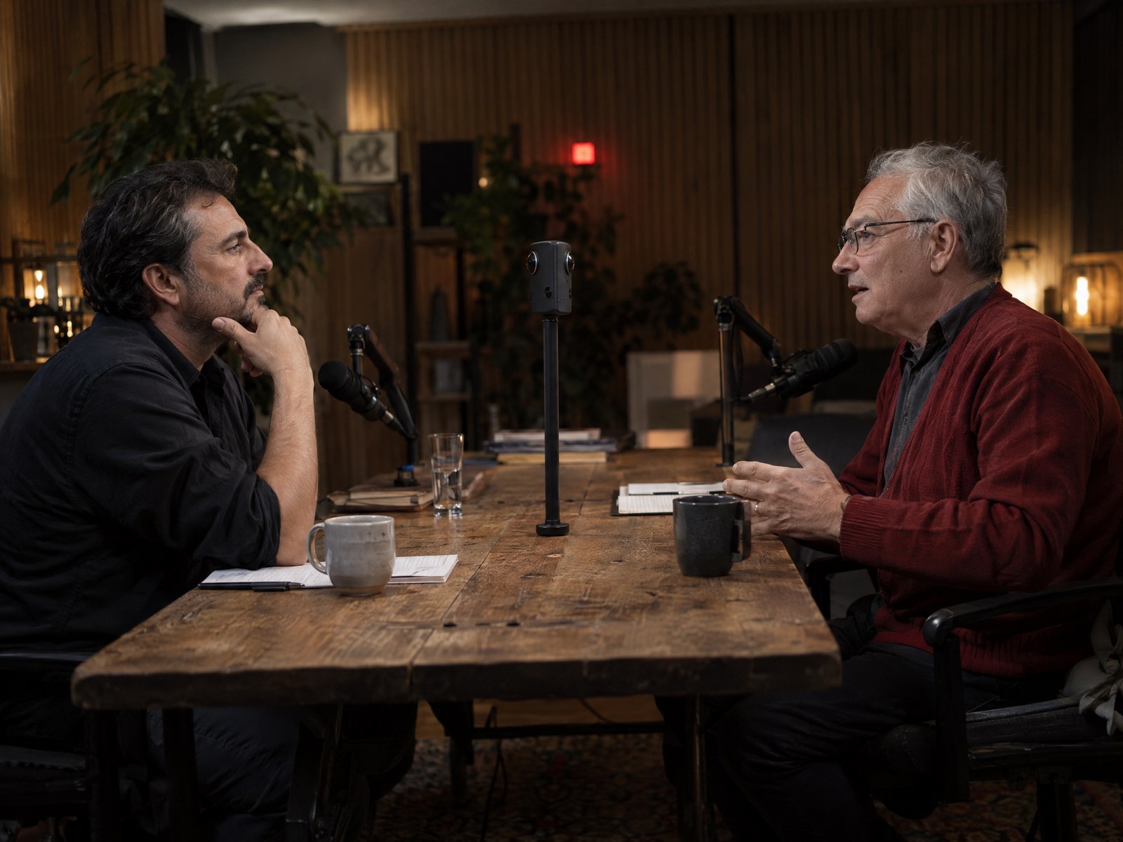 Interview podcast: host and guest facing each other, the 360° camera between them.