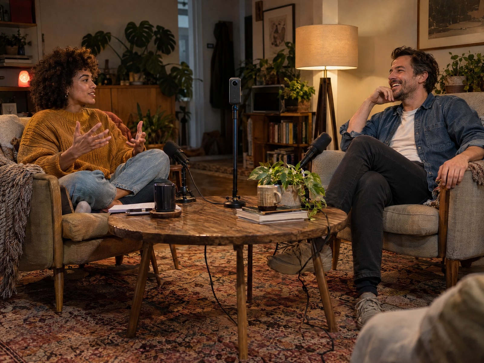 Two people in armchairs facing each other, the 360° camera on the coffee table between them.