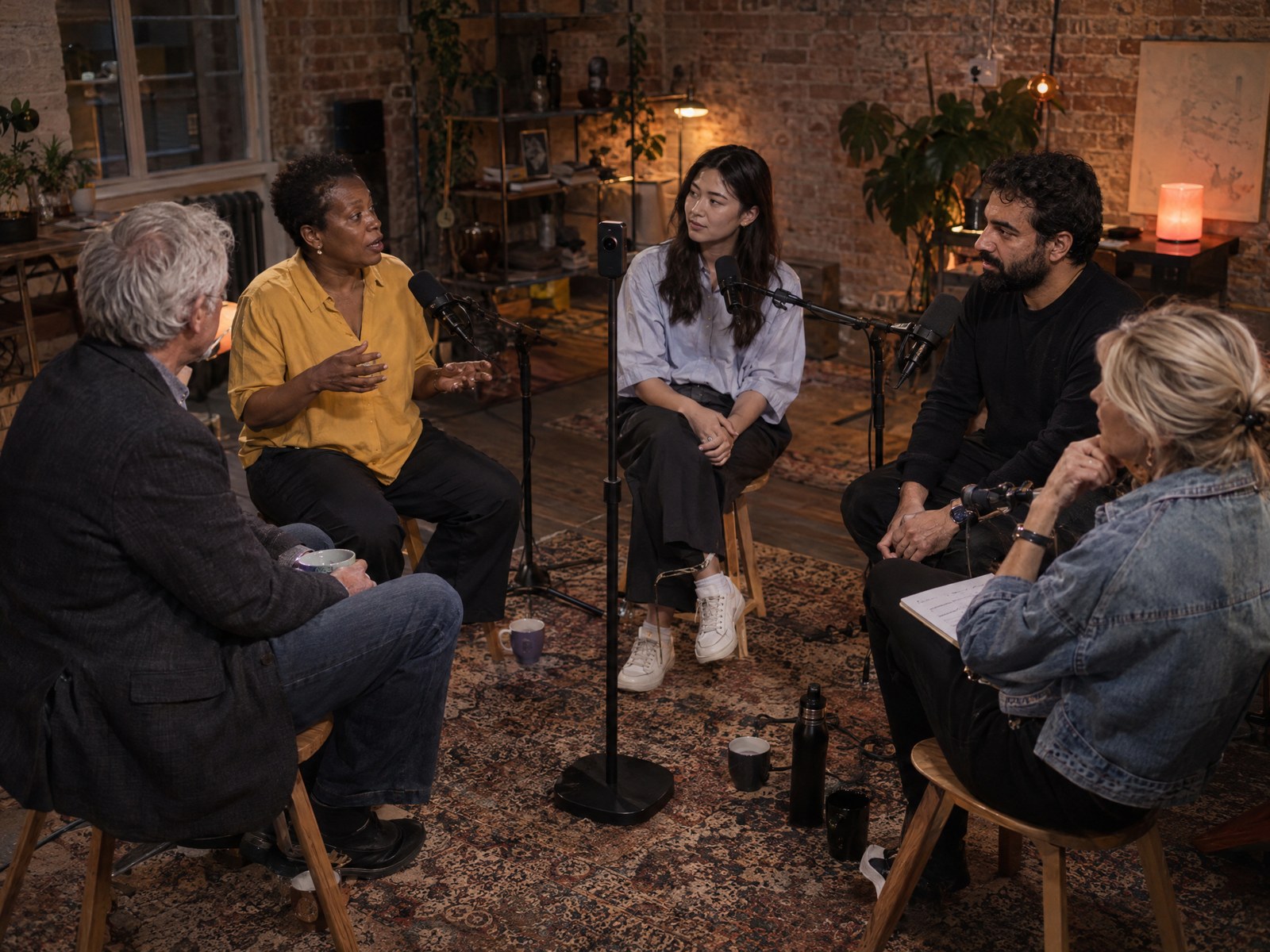 Five people in a circle discussing, the 360° camera on a pole in the centre.