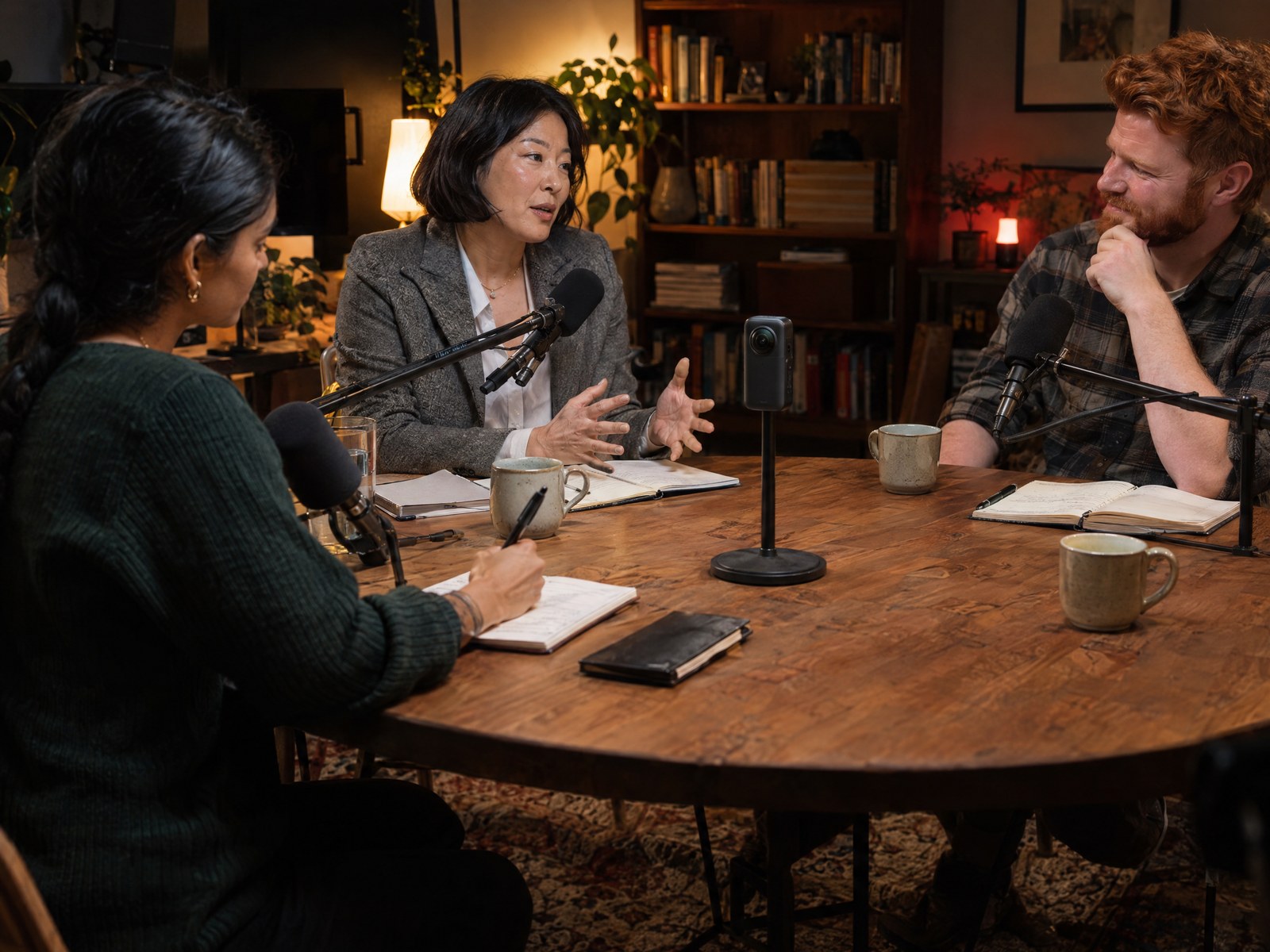 Three podcast hosts around a table, the 360° camera in the middle.